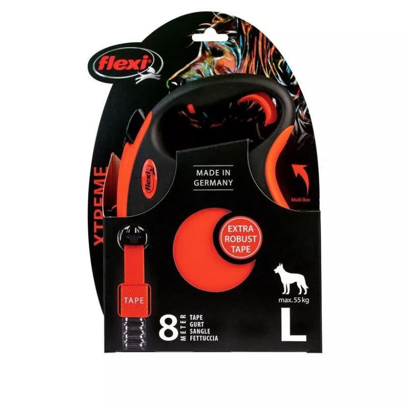 FLEXI XTREME L atsukamas šuns pavadėlis su juosta 8m - iki 55kg oranžinis