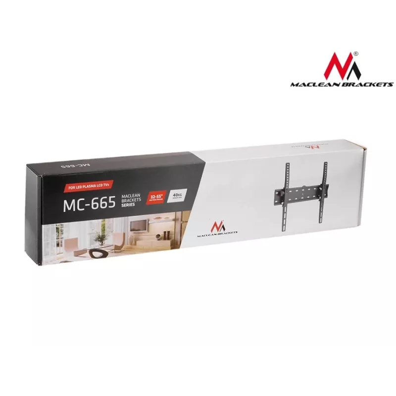 MACLEAN MC-665 Fiksuotas TV sieninis laikiklis 32-55 colių ekranams, juodas, iki 40 kg, VESA 400x400