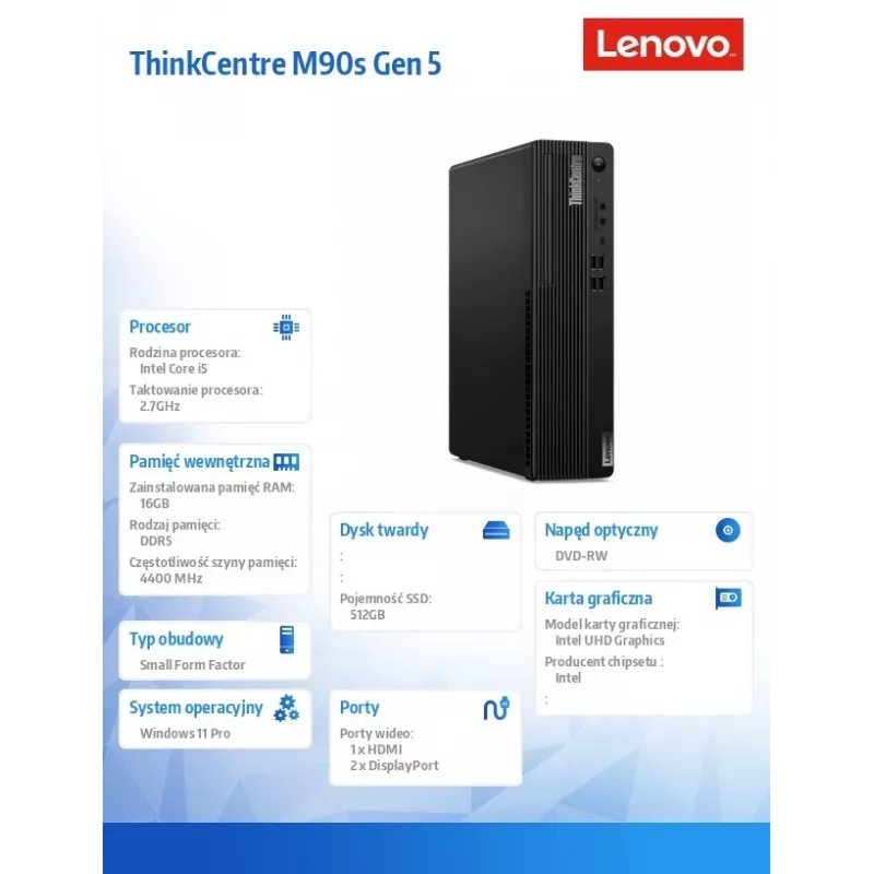 Lenovo ThinkCentre M90s Gen 5 SFF stalinis kompiuteris, Intel Core i5-14600, 16GB DDR5, 512GB SSD, DVD-RW, Wi-Fi, Bluetooth, Windows 11 Pro, juodas, 3 metų Onsite + 1 metų Premier Support