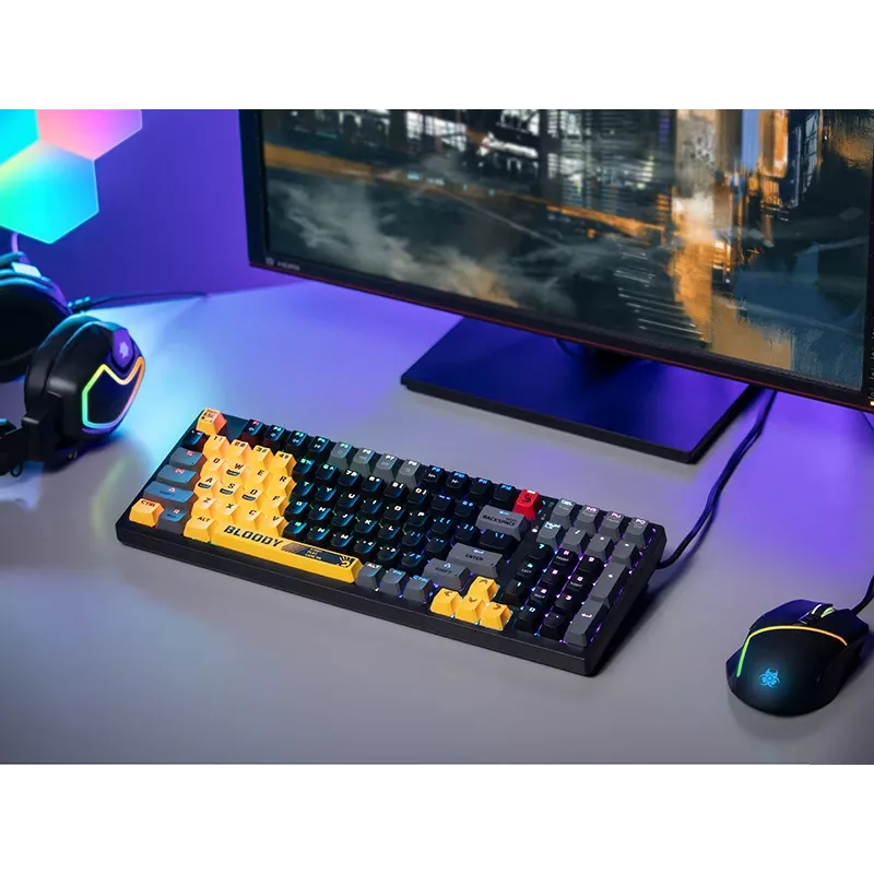 A4Tech Bloody S98 Sports Lime mechaninė klaviatūra, BLMS Red Plus jungikliai, 98 klavišų kompaktiška, RGB apšvietimas, USB-C atjungiama