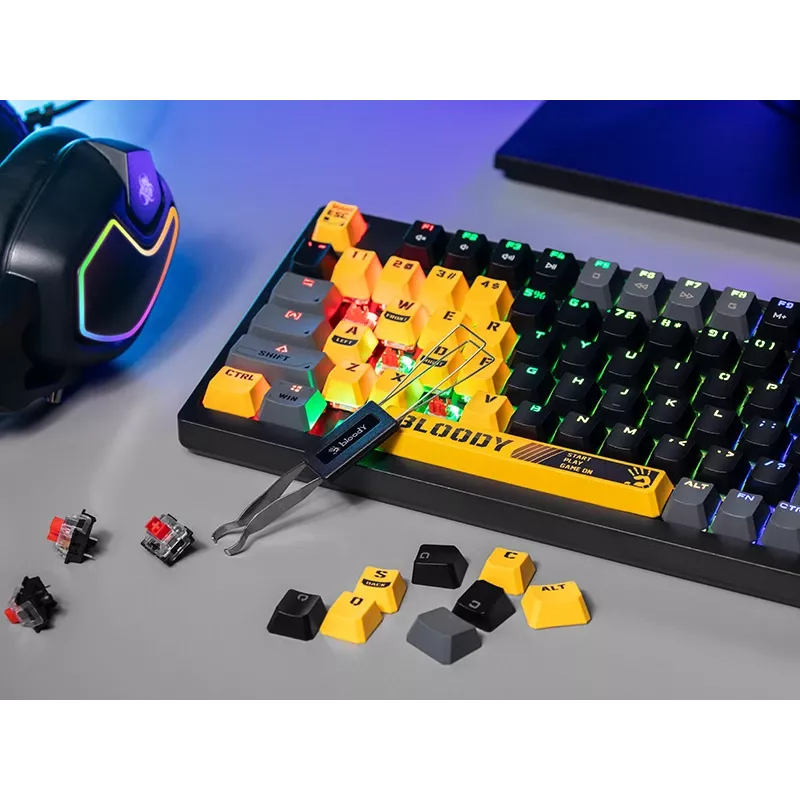 A4Tech Bloody S98 Sports Lime mechaninė klaviatūra, BLMS Red Plus jungikliai, 98 klavišų kompaktiška, RGB apšvietimas, USB-C atjungiama