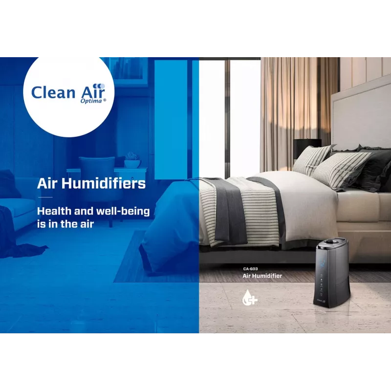 Clean Air Optima CA-603 Ultragarsinis drėkintuvas su jonizatoriumi, 5,5 l, šaltas ir šiltas rūkas, iki 60 m², skaitmeninis jutiklinis skydelis, nuotolinio valdymo pultas, „Wi-Fi“ programa