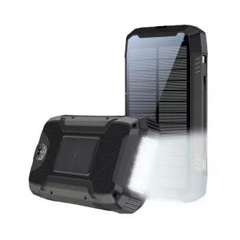 PowerNeed S20000Q 20000mAh lauko saulės energijos power bank su belaidžiu įkrovimu, QC3.0 ir PD 20W, juoda