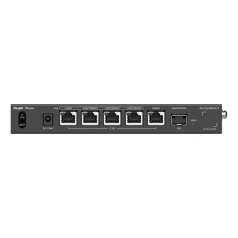 Ruijie Reyee RG-EG406XS-P Multi-WAN debesų šliuzo maršrutizatorius, 6x 2.5GE RJ45, 1x 10GE SFP+, 4 PoE, VPN, stelažinis
