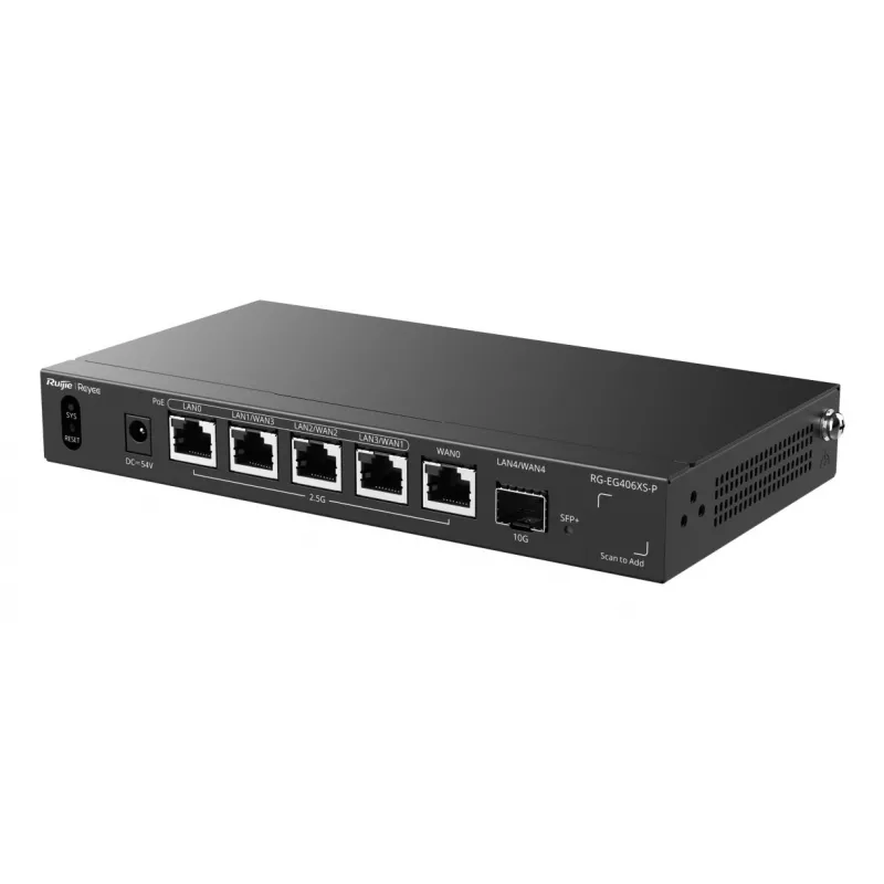 Ruijie Reyee RG-EG406XS-P Multi-WAN debesų šliuzo maršrutizatorius, 6x 2.5GE RJ45, 1x 10GE SFP+, 4 PoE, VPN, stelažinis