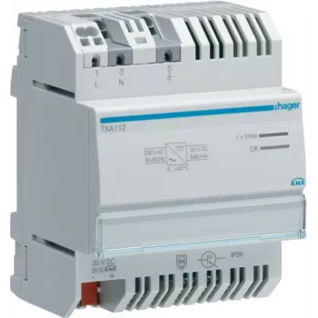 Hager TXA112 KNX magistralės maitinimo šaltinis 230V AC 30V DC 640mA pilka