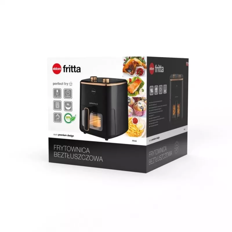 ELDOM FRITTA Riebalų neturinti gruzdintuvė 5,0 L Reguliuojama temp. Laikmatis 1500 W Viena 5 L Atviro tipo karšto oro gruzdintuvė Juoda
