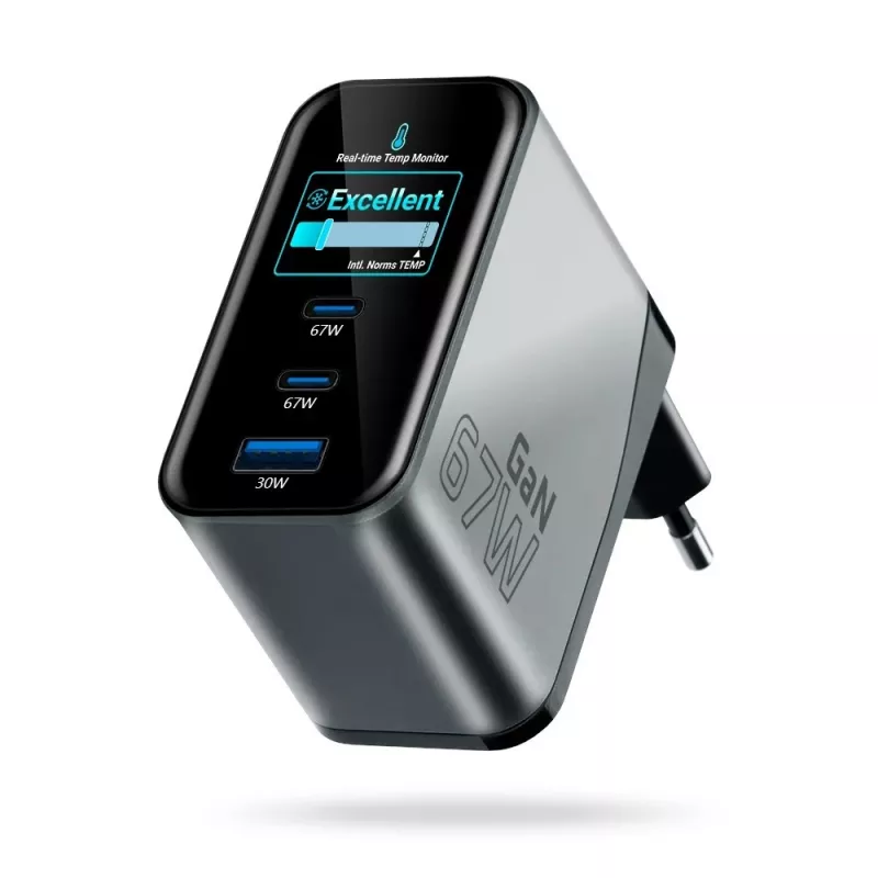 EVERACTIVE SC-670Q GaN 67W USB-C įkroviklis su 2x USB-C ir 1x USB-A, Quick Charge 4+, PD 3.0, juodas