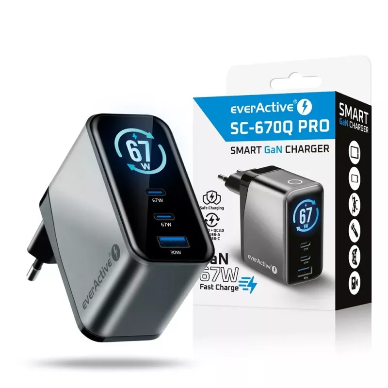 EVERACTIVE SC-670Q GaN 67W USB-C įkroviklis su 2x USB-C ir 1x USB-A, Quick Charge 4+, PD 3.0, juodas