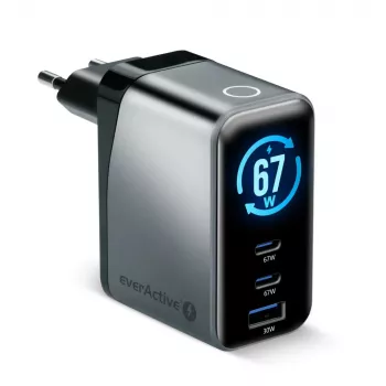 EVERACTIVE SC-670Q GaN 67W USB-C įkroviklis su 2x USB-C ir 1x USB-A, Quick Charge 4+, PD 3.0, juodas