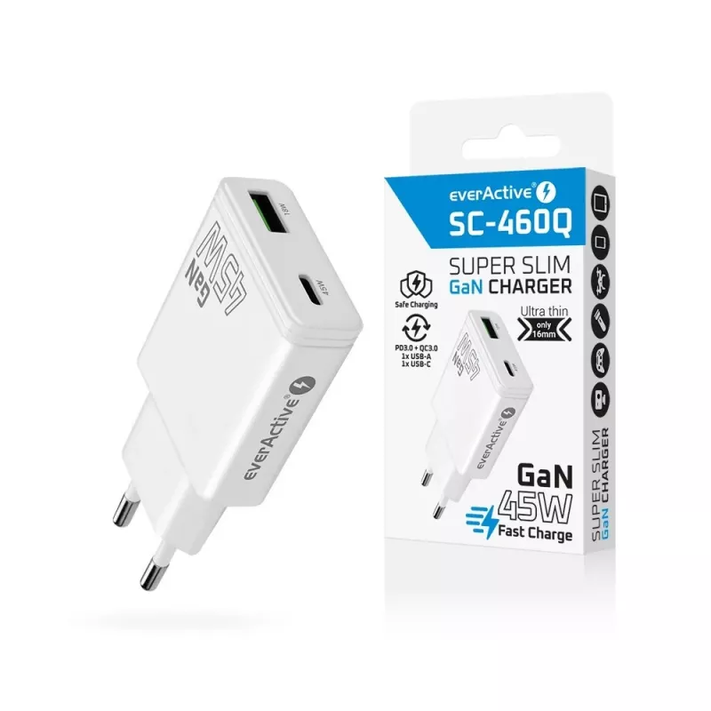 EVERACTIVE GaN QC3.0 45W USB-C sieninis įkroviklis SC-460Q baltas