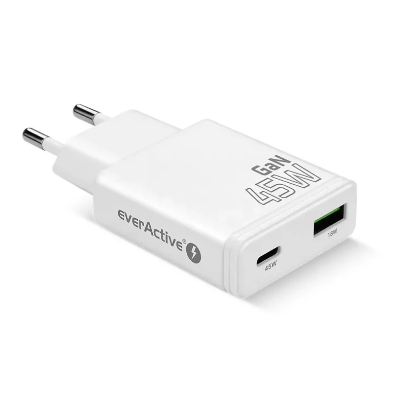 EVERACTIVE GaN QC3.0 45W USB-C sieninis įkroviklis SC-460Q baltas