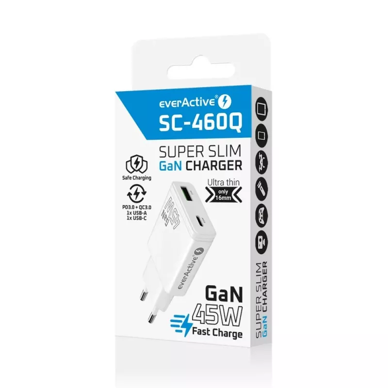 EVERACTIVE GaN QC3.0 45W USB-C sieninis įkroviklis SC-460Q baltas