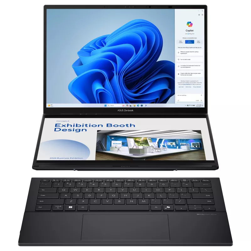 ASUS Zenbook Duo UX8406CA-QL331W 2-in-1 nešiojamas kompiuteris, 14 colių WUXGA OLED jutiklinis, Intel Core Ultra 9 285H, 32GB LPDDR5x, 1TB SSD, Windows 11 Home, vokiška QWERTZ klaviatūra