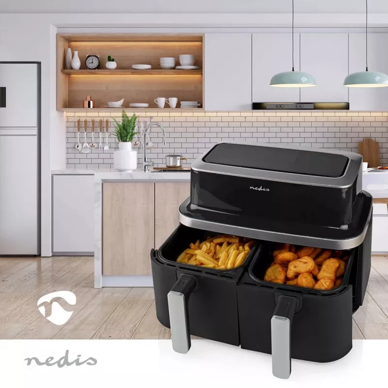 Nedis KAAF320BK Karšto oro gruzdintuvė su dviem krepšeliais 8,4 L 2600 W Skaitmeninis jutiklinis ekranas Juoda