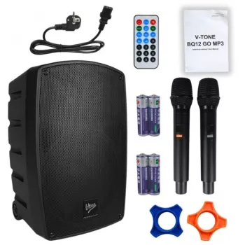 V-TONE BQ12 GO MP3 aktyvus 8 inch baterijomis maitinamas garsiakalbis su belaidžiu mikrofonu ir nuotolinio valdymo pultu, juodas