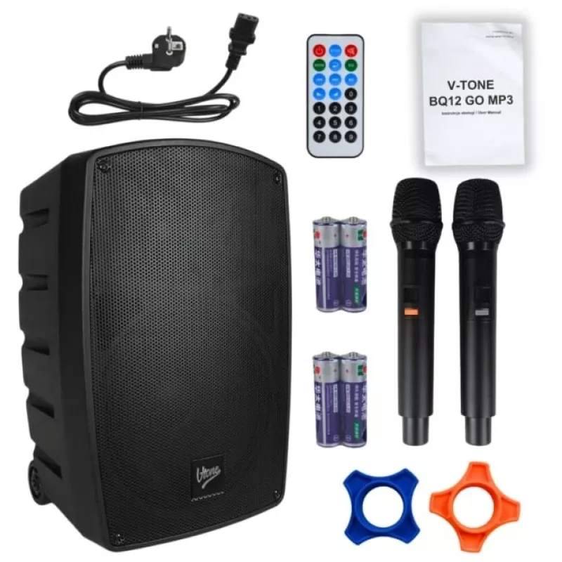 V-TONE BQ12 GO MP3 aktyvus 8 inch baterijomis maitinamas garsiakalbis su belaidžiu mikrofonu ir nuotolinio valdymo pultu, juodas