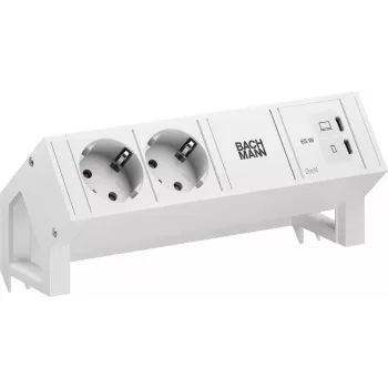 Bachmann DESK2 Pure White stalinis maitinimo modulis su 2x Schuko lizdais ir 65W USB-C PD, 0,2 m kabeliu, RAL 9010