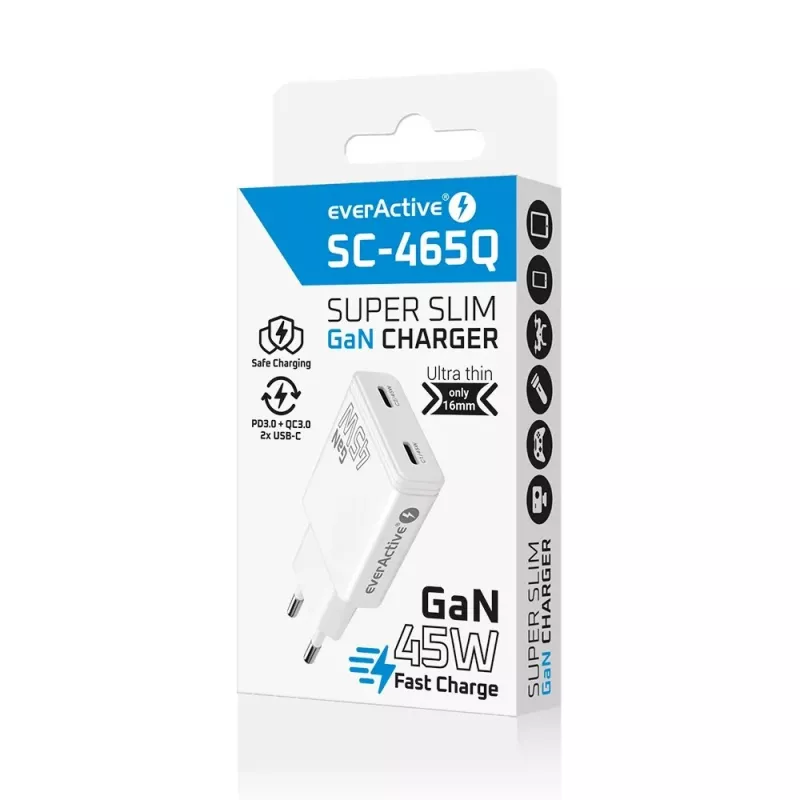 EVERACTIVE GaN 45W USB-C Įkroviklis QC3.0 SC-465Q Baltas