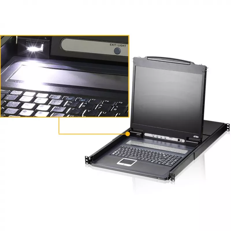 ATEN CL1308N LCD KVM konsolė su 8 prievadų KVM jungikliu - 19 inch LCD, PS/2 ir USB, VGA, 1280x1024, juoda, 1U montuojama į stelažą