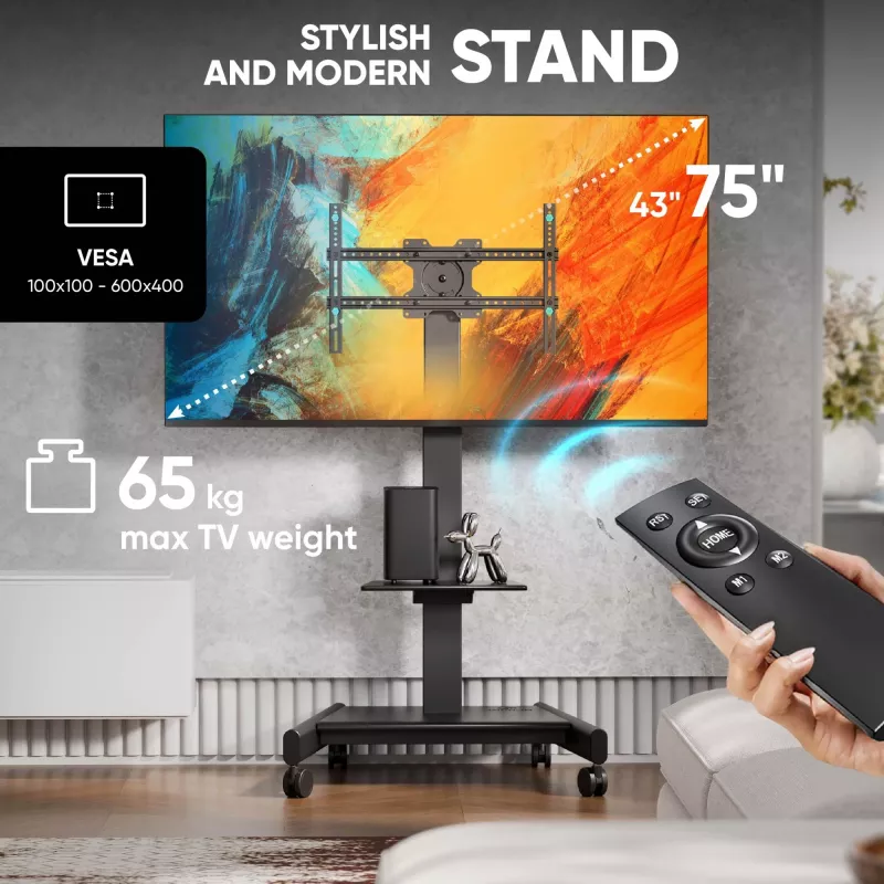 ONKRON TS1552E-B TV Mobile Stand for 43-75 inch Screens, Black