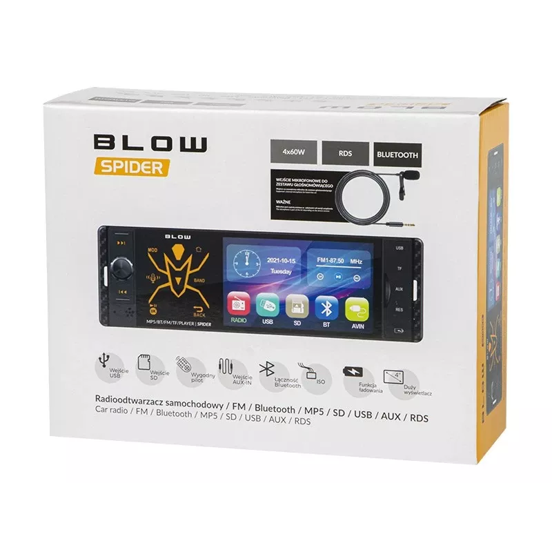 BLOW Spider 4CAL RDS RGB automobilinis radijas su Bluetooth, USB, SD, AUX, jutikliniu ekranu, RGB foniniu apšvietimu, nuotolinio valdymo pultu, 1 DIN, 4x45W