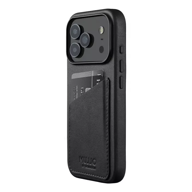 Mujjo Wallet Leather Case, skirta iPhone 17 Pro su MagSafe (juoda)