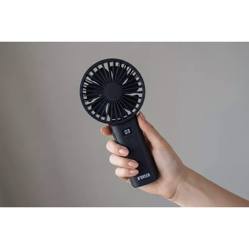 N'OVEEN F120 nešiojamas rankinis ir stalinis ventiliatorius su įkraunama baterija, USB, 1200 mAh, 3 greičio režimai, baltas