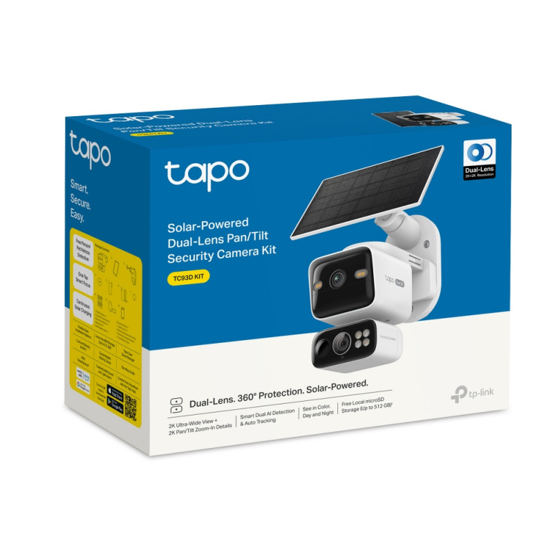 TP-LINK Tapo TC93D KIT V1 saulės energija varomas apsaugos kamerų rinkinys - 2K QHD pan/tilt Wi-Fi kamera su saulės baterija