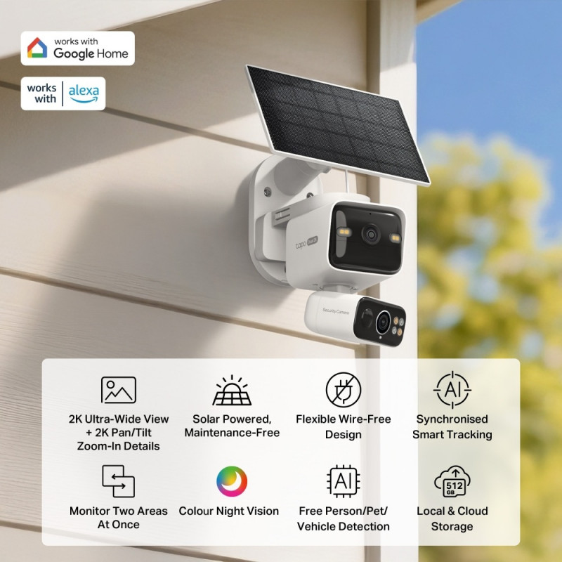 TP-LINK Tapo TC93D KIT V1 saulės energija varomas apsaugos kamerų rinkinys - 2K QHD pan/tilt Wi-Fi kamera su saulės baterija