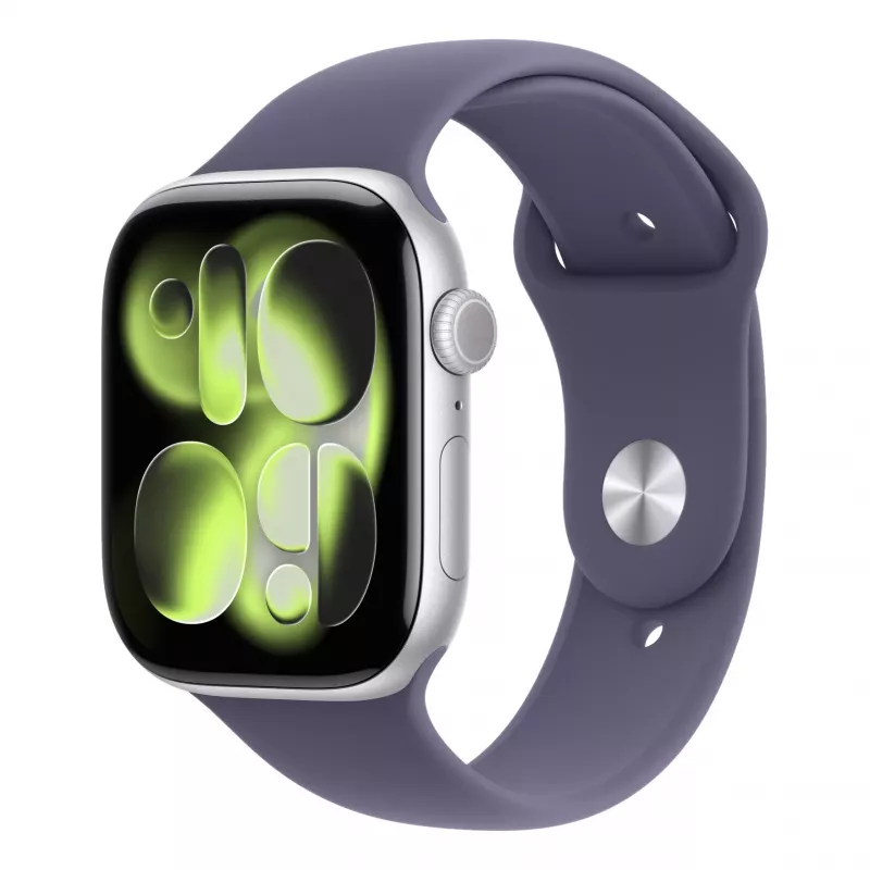 Apple Watch Series 11 GPS 46mm sidabrinis aliuminio korpusas su Purple Fog Sport apyranke M/L