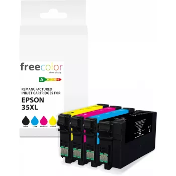 Freecolor Perdirbtas Rašalo Kasetės Rinkinys, skirtas Epson 35XL (Juoda, Žydra, Purpurinė, Žydra) + 3x25ml Papildymo Rašalo Buteliukai