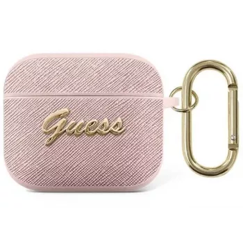 Guess GUA3SASMP Saffiano Script Metal Collection apsauginis dėklas, skirtas Apple AirPods 3 kartai, rožinis