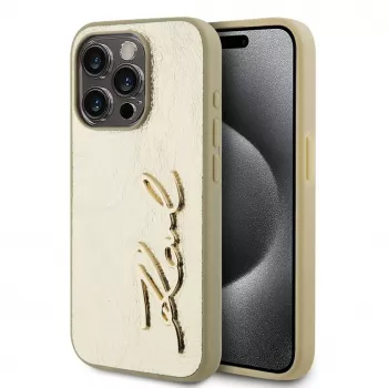 Karl Lagerfeld Wrinkled Metal Signature Case, skirtas iPhone 15 Pro Max, auksinė