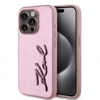 Karl Lagerfeld Wrinkled Metal Signature Case, skirta iPhone 15 Pro Max, rožinė