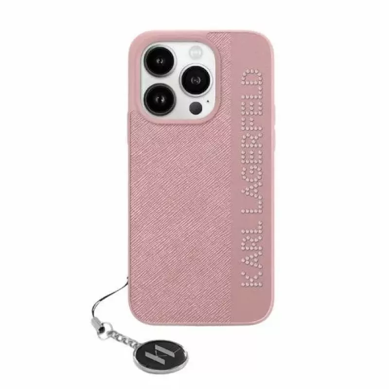 Karl Lagerfeld KLHCP15XPSAKDGCP Saffiano Rhinestones & Charm Hard Case, skirtas Apple iPhone 15 Pro Max 6,7 inch rožinis