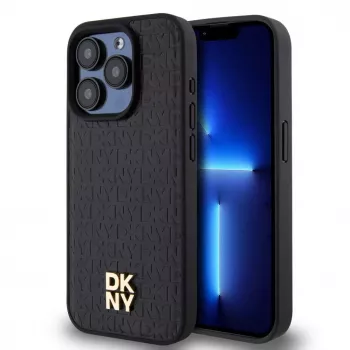 DKNY DKHMP15LPSHRPSK Kietas dėklas, skirtas iPhone 15 Pro 6,1 colio, juodos spalvos, odos rašto, monograma, metalinis logotipas, MagSafe