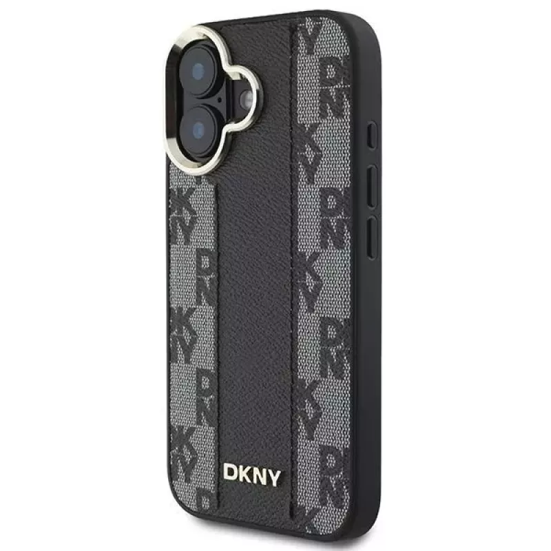 DKNY DKHMP16SPCPVSLK iPhone 16/16.1 kietas dėklas languotu raštu MagSafe juodas