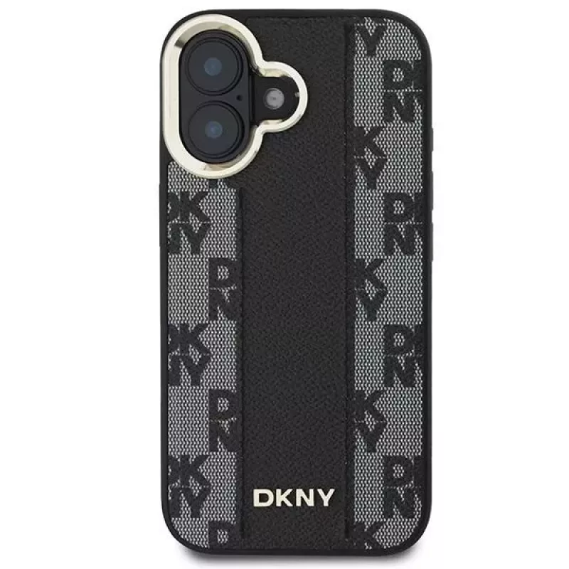 DKNY DKHMP16SPCPVSLK iPhone 16/16.1 kietas dėklas languotu raštu MagSafe juodas