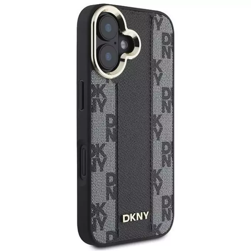 DKNY DKHMP16SPCPVSLK iPhone 16/16.1 kietas dėklas languotu raštu MagSafe juodas