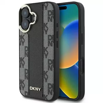 DKNY DKHMP16SPCPVSLK iPhone 16/16.1 kietas dėklas languotu raštu MagSafe juodas
