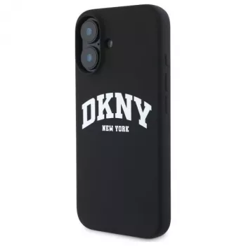DKNY DKHMP16SSNYACH Kietas dėklas, skirtas Apple iPhone 16 6,1 colio, juodas silikonas su baltu atspausdintu logotipu, MagSafe