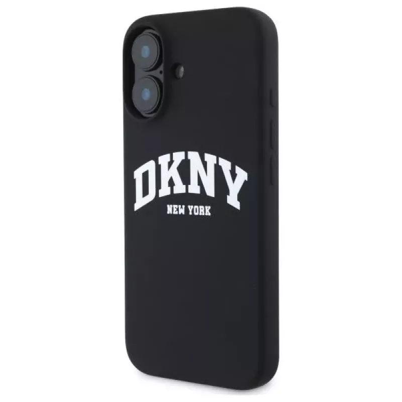 DKNY DKHMP16SSNYACH Kietas dėklas, skirtas Apple iPhone 16 6,1 colio, juodas silikonas su baltu atspausdintu logotipu, MagSafe