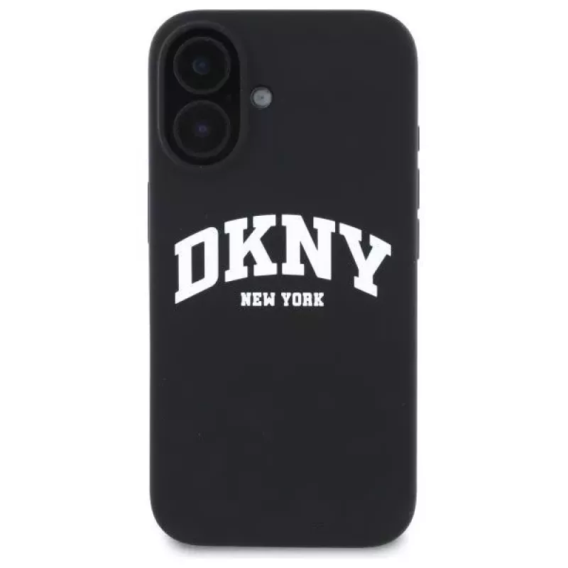 DKNY DKHMP16SSNYACH Kietas dėklas, skirtas Apple iPhone 16 6,1 colio, juodas silikonas su baltu atspausdintu logotipu, MagSafe