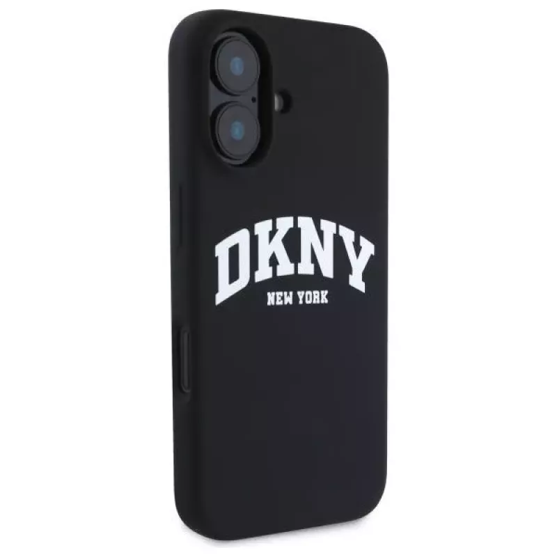 DKNY DKHMP16SSNYACH Kietas dėklas, skirtas Apple iPhone 16 6,1 colio, juodas silikonas su baltu atspausdintu logotipu, MagSafe