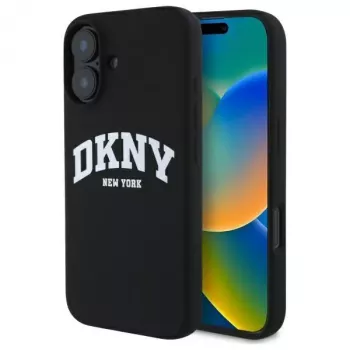 DKNY DKHMP16SSNYACH Kietas dėklas, skirtas Apple iPhone 16 6,1 colio, juodas silikonas su baltu atspausdintu logotipu, MagSafe