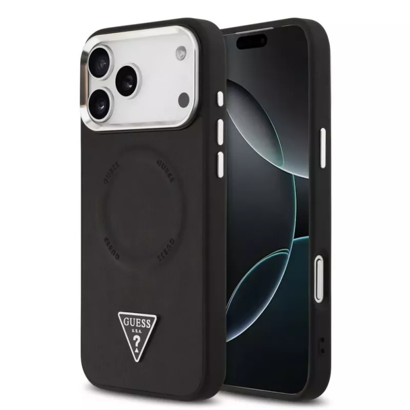 Guess Triangle Logo MagSafe dėklas, skirtas iPhone 17 Pro Max (juodas)