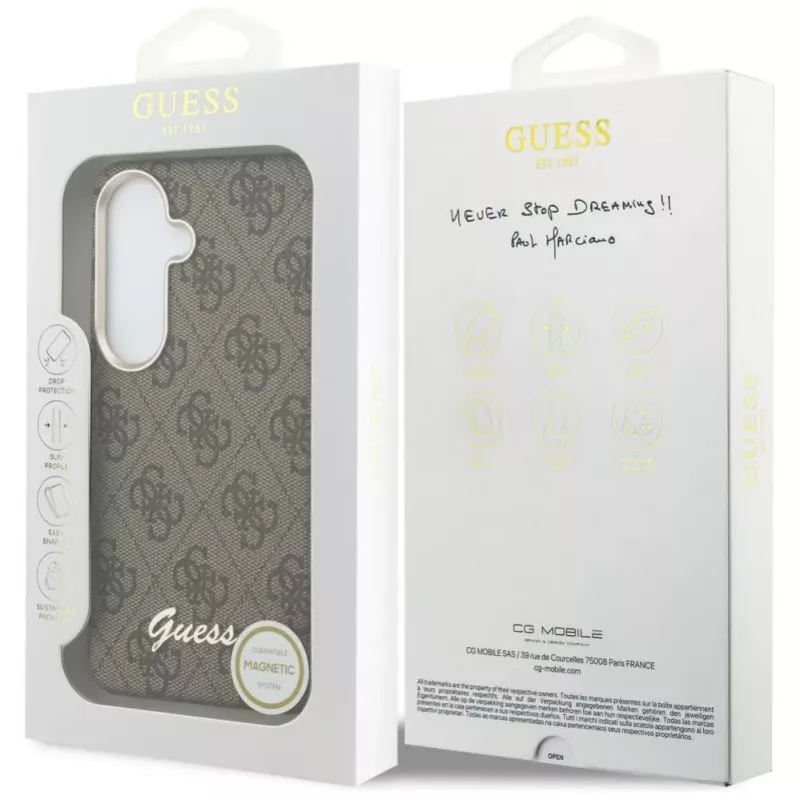 Guess 4G Script MagSafe dėklas, skirtas Samsung Galaxy S26 (rudas)