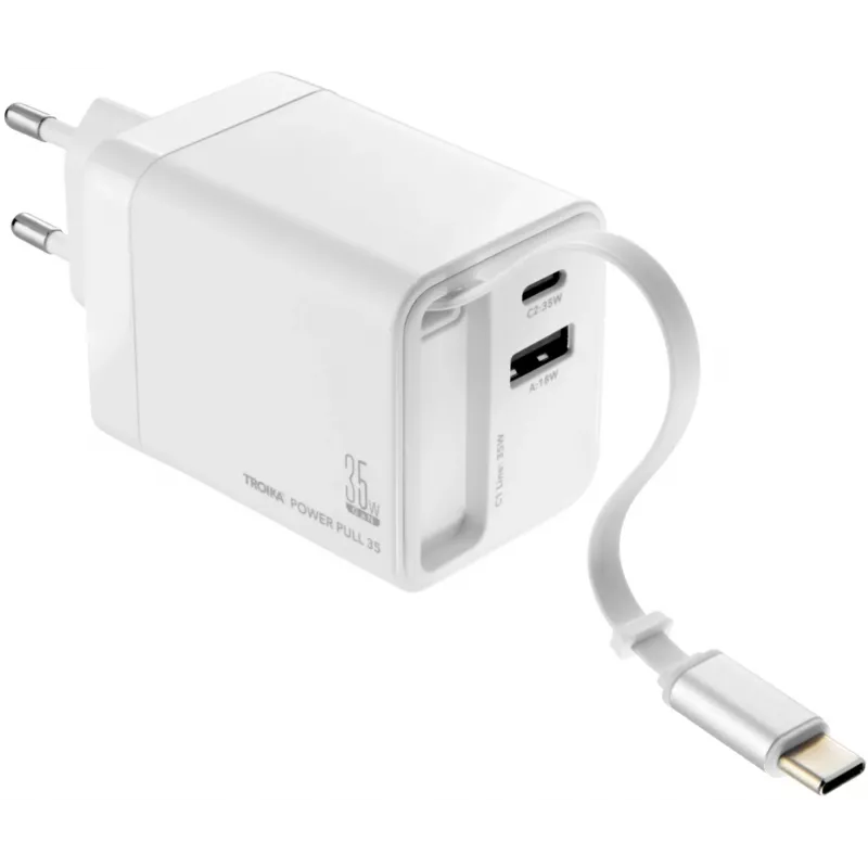 TROIKA POWER PULL 35 Automobilinis įkroviklis 35W USB-C PD & USB-A QC 3.0 Baltas (CHA35/WH)