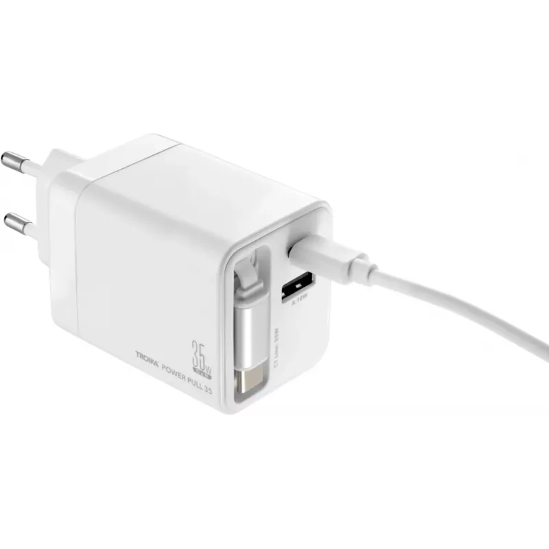 TROIKA POWER PULL 35 Automobilinis įkroviklis 35W USB-C PD & USB-A QC 3.0 Baltas (CHA35/WH)